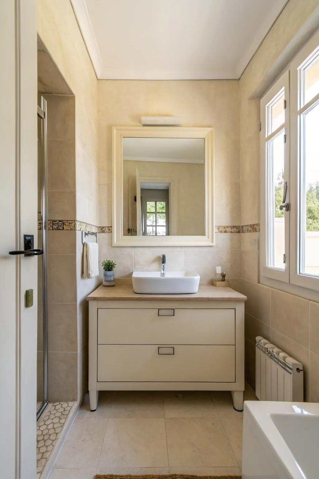 Minimalist decor brings a feeling of tranquility to this creamy bathroom.