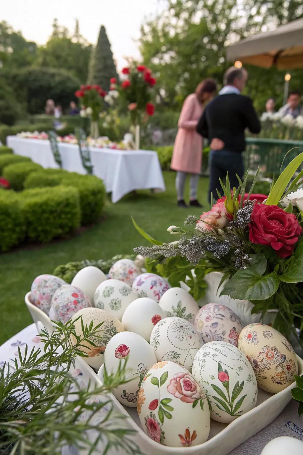 Floral-patterned eggs complementing the garden party atmosphere.