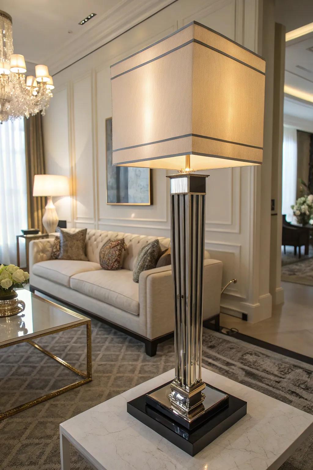 A functional art lamp serves as a decorative centerpiece in a living room.