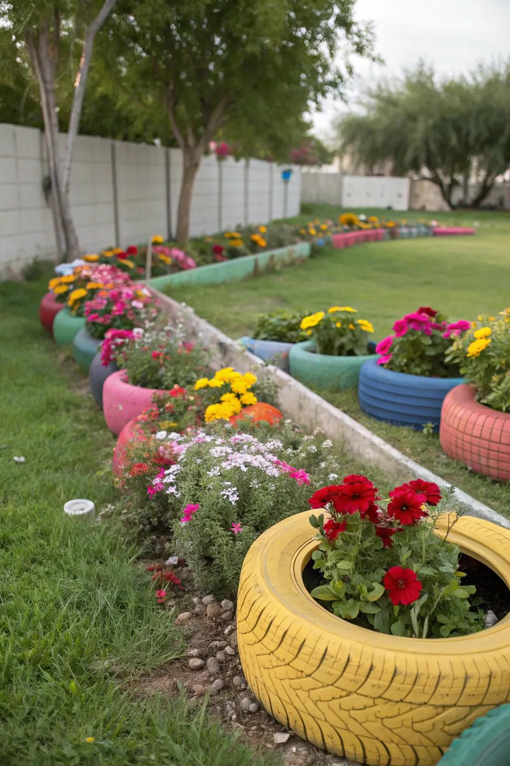 Eco-friendly tire borders defining garden spaces.