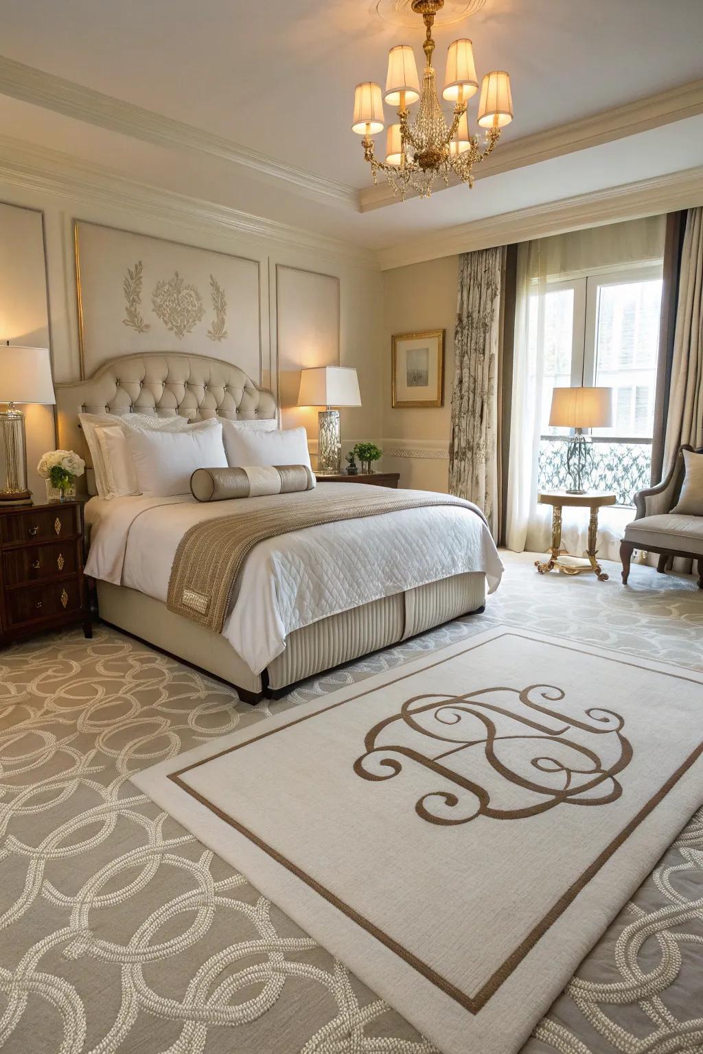 Chic monogrammed rugs offer a personal and luxurious touch.