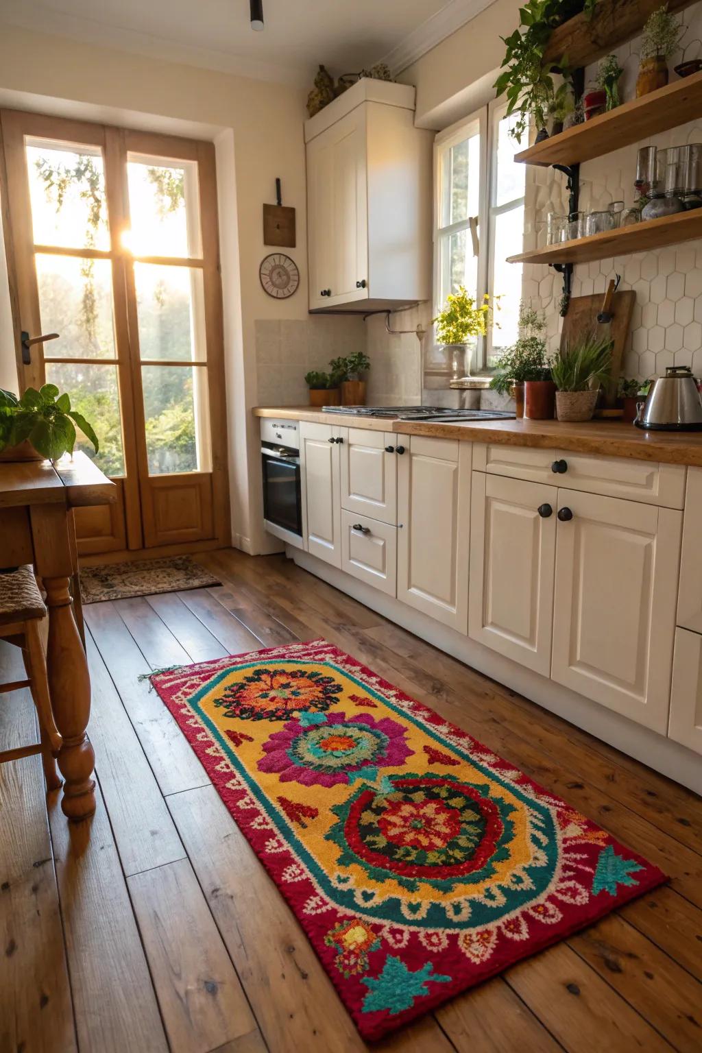 A decorative rug adds warmth and color to the kitchen floor.