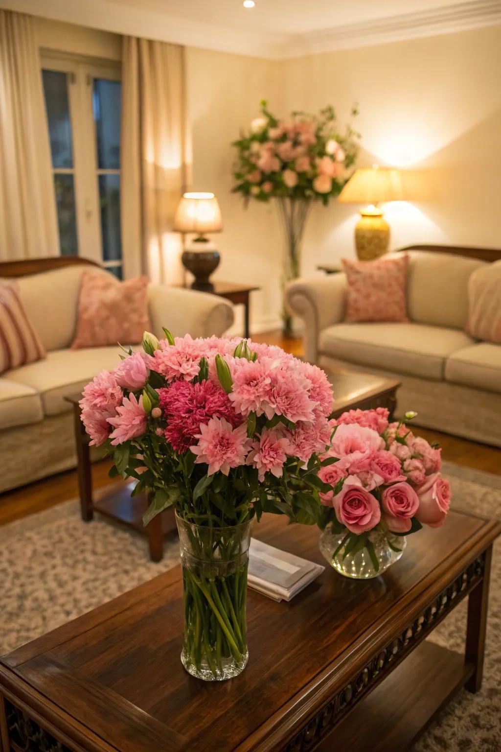 Rose floral displays infuse freshness and color into the room.