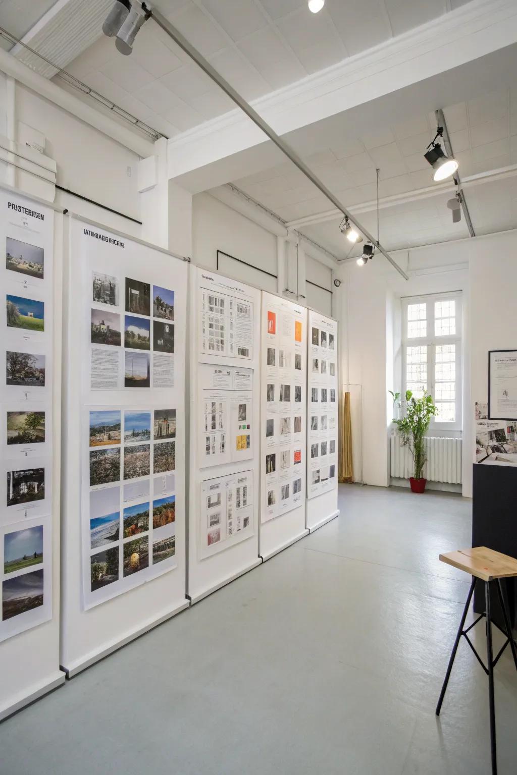 Neatly arranged grid layout posters in a studio.
