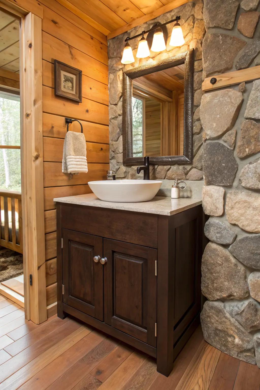 Natural stone complements the rustic charm of a dark brown vanity.