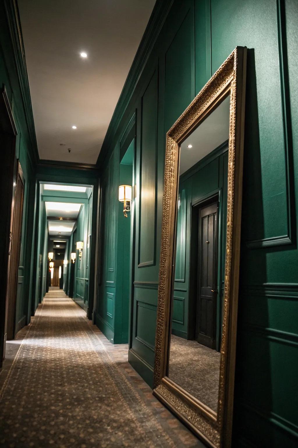 A looking glass reflects light, amplifying the forest green hallway.