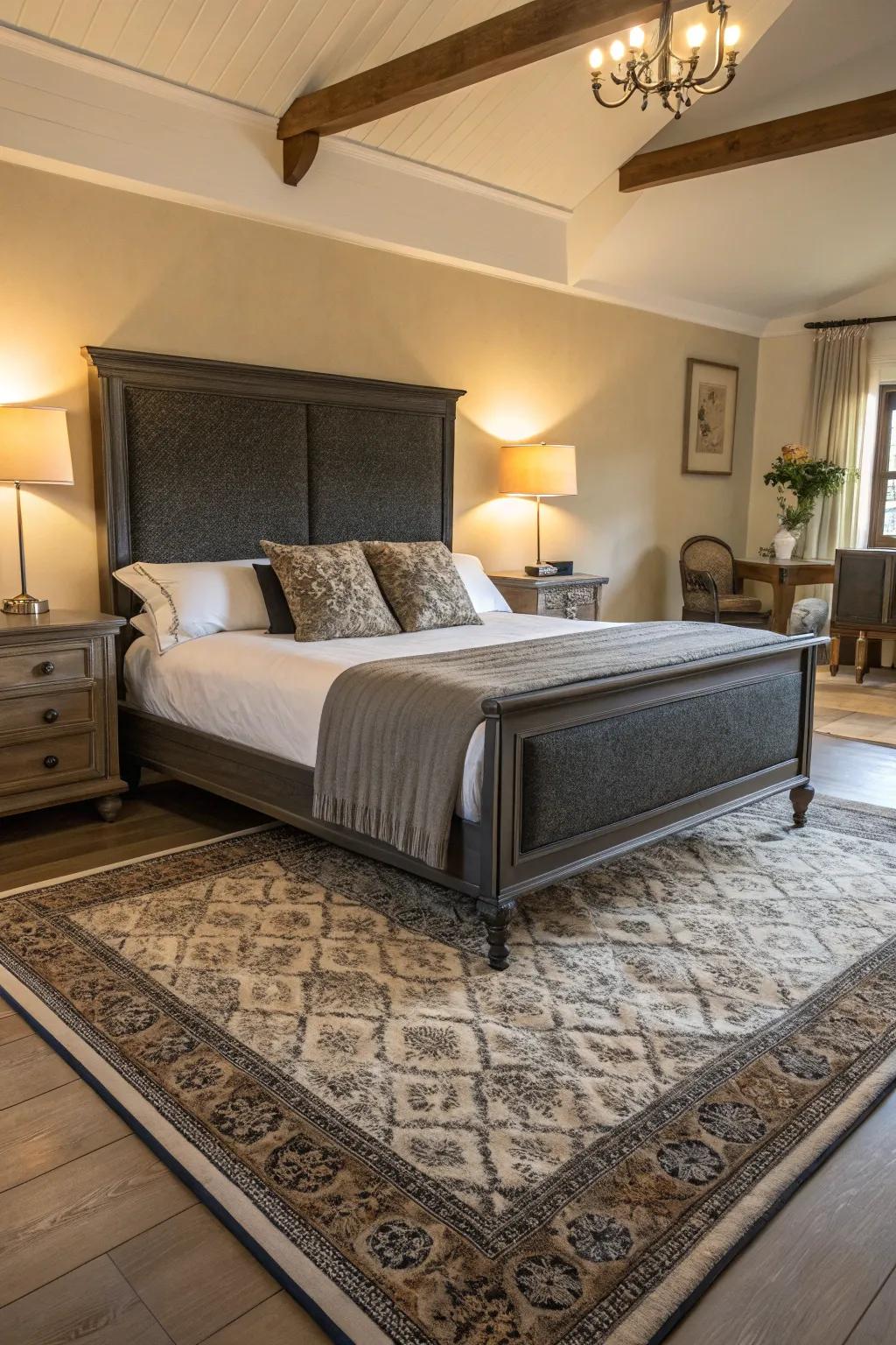 Opulent elements heighten the charm of a dark charcoal sleeping platform.