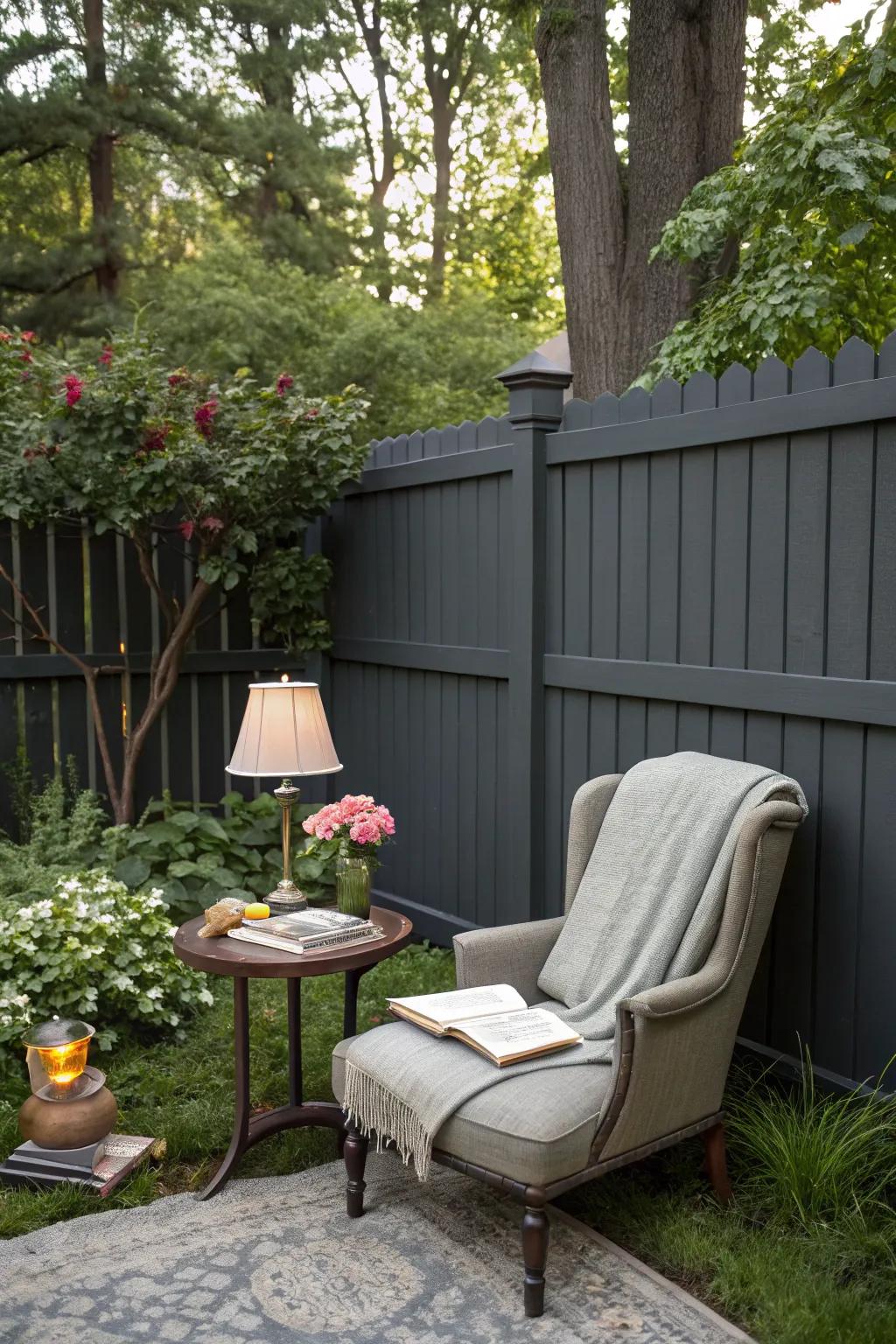 A cozy reading escape with a charcoal-toned enclosure as a serene backdrop.