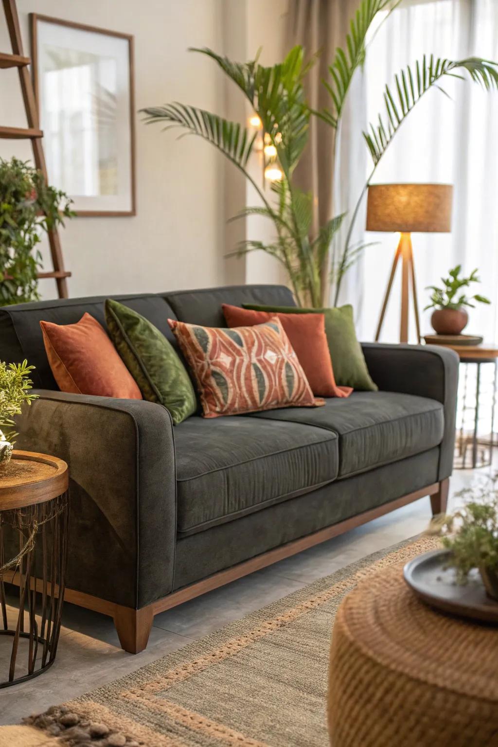 Earthy shades present fundamental warmth to a charcoal couch.