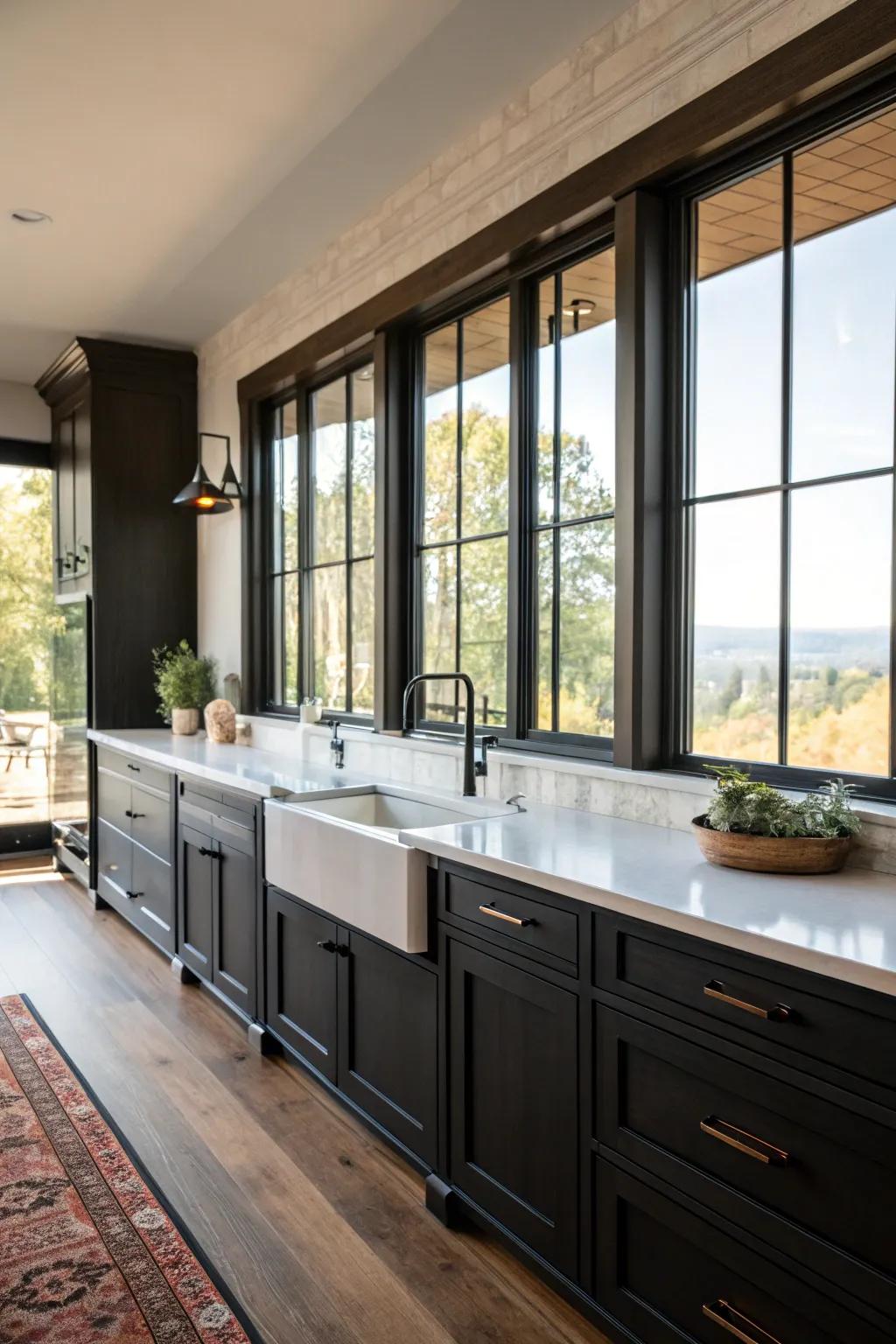 Natural light from expansive windows harmonizes beautifully with the dark cabinetry.