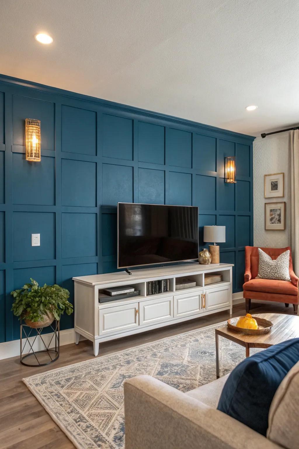 A daring accentuated wall elevates the TV as the centerpiece.