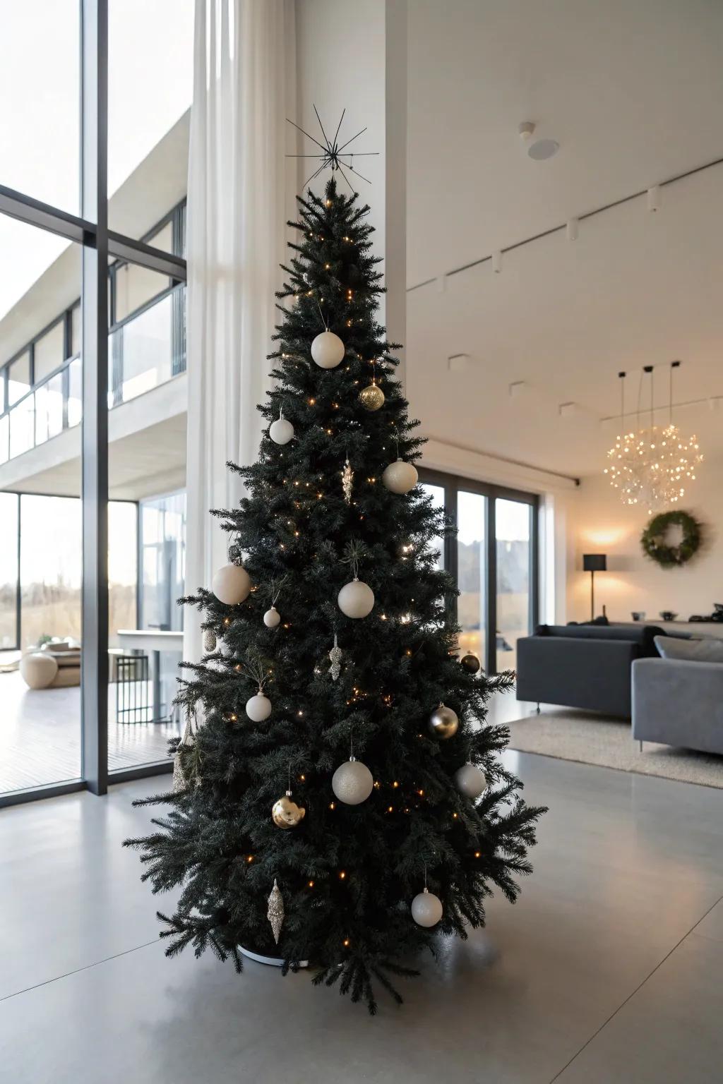 A minimalist charcoal Christmas tree with simple decorations.