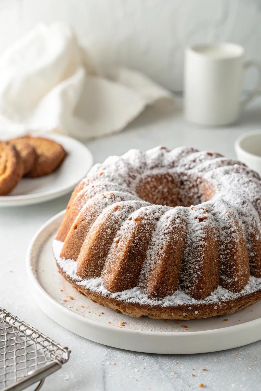 A ring cake dusted with sugar powder, showcasing its intricate details with grace.
