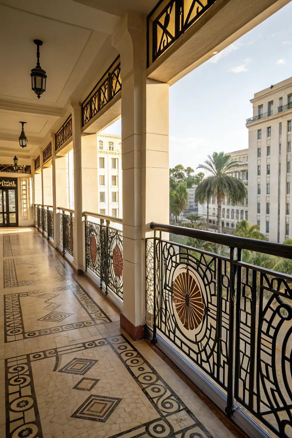Art Deco railings add vintage elegance.