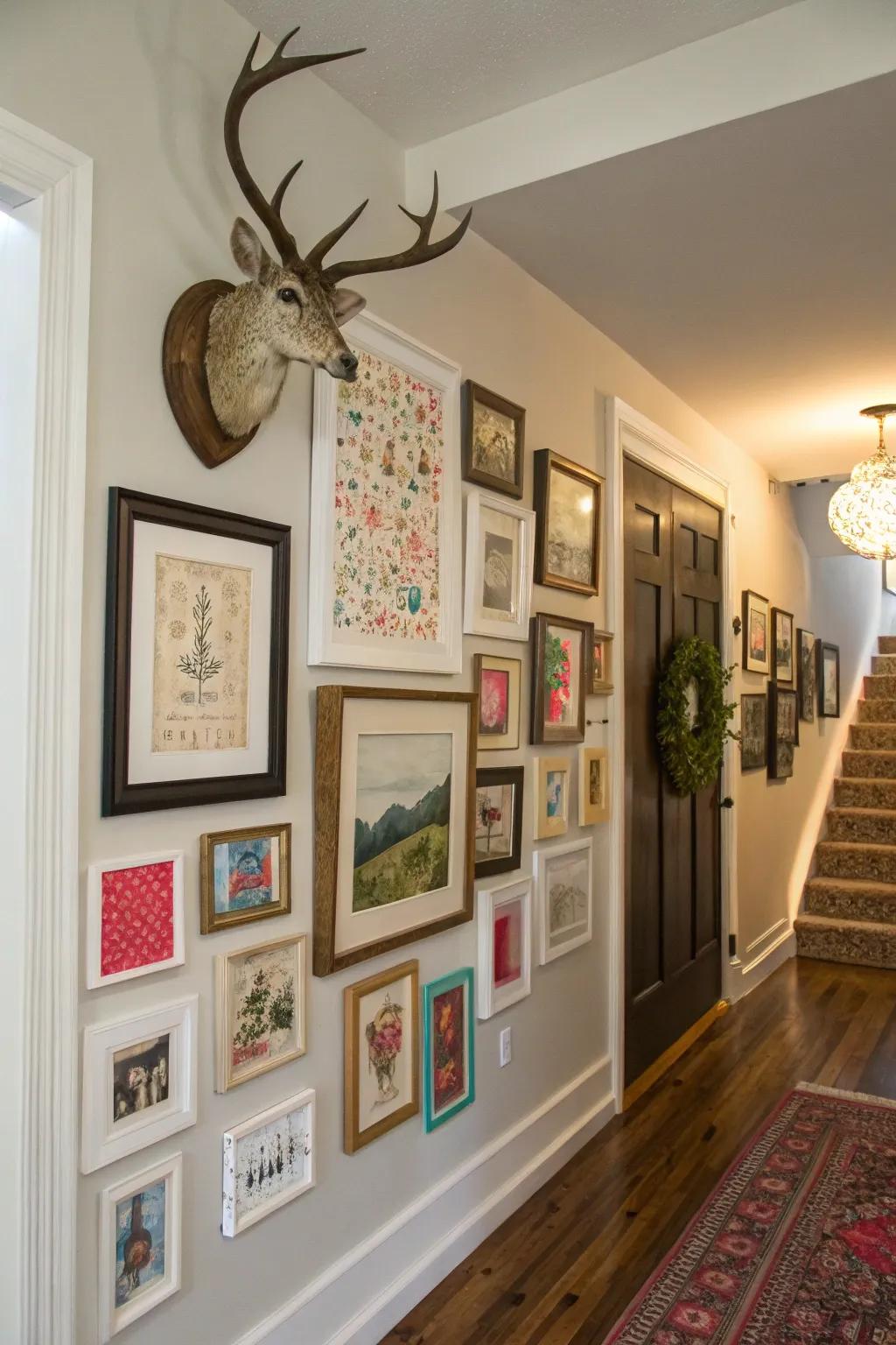 An eclectic gallery wall highlights a deer skull display exquisitely.