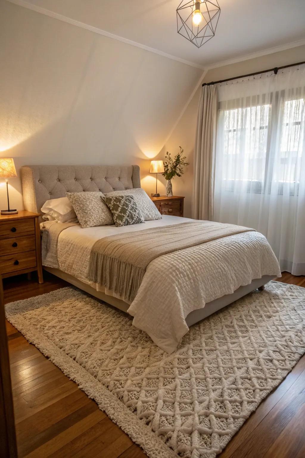 A rug secures the diagonal bed and improves comfort.
