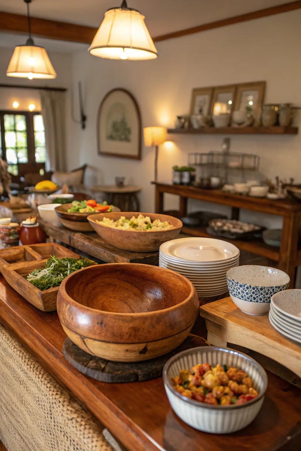 Natural elements add warmth and texture to this buffet decor.