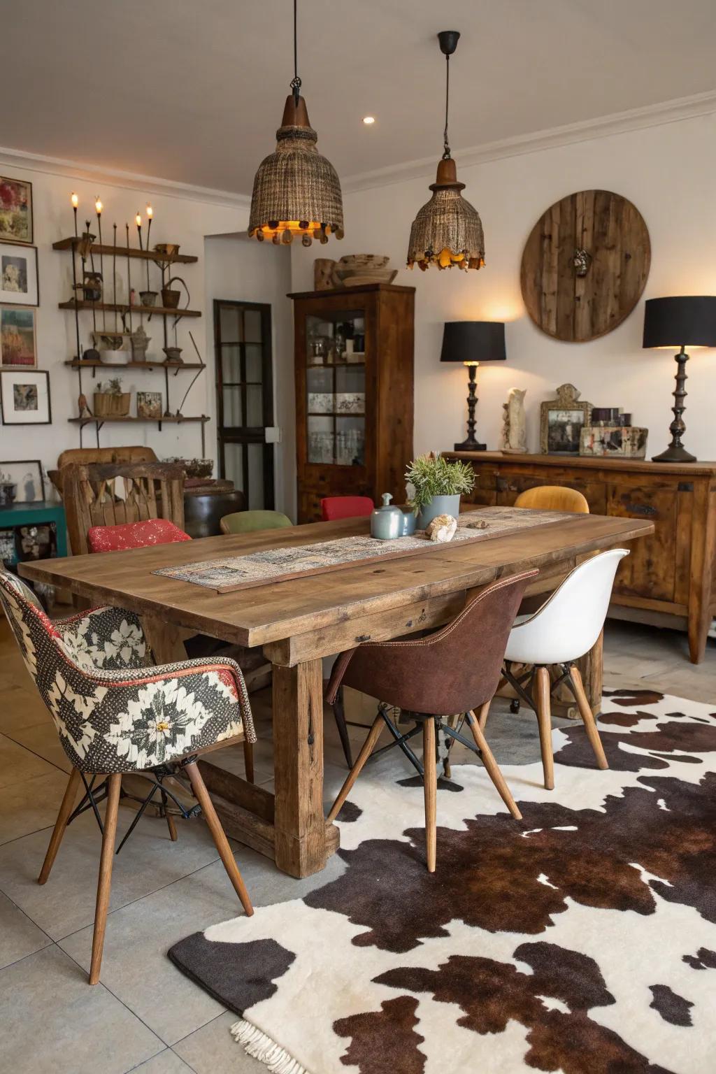 Add quirky charm with a cowhide rug.