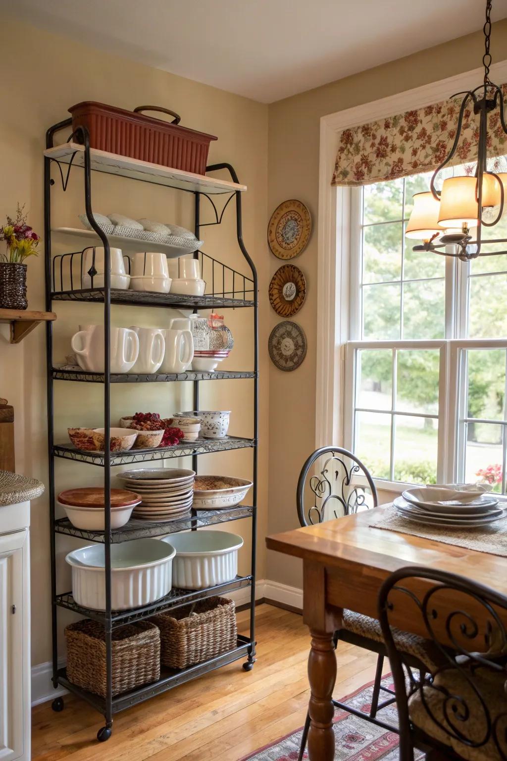 Vertical storage units provide extra height, perfect for smaller dining rooms.