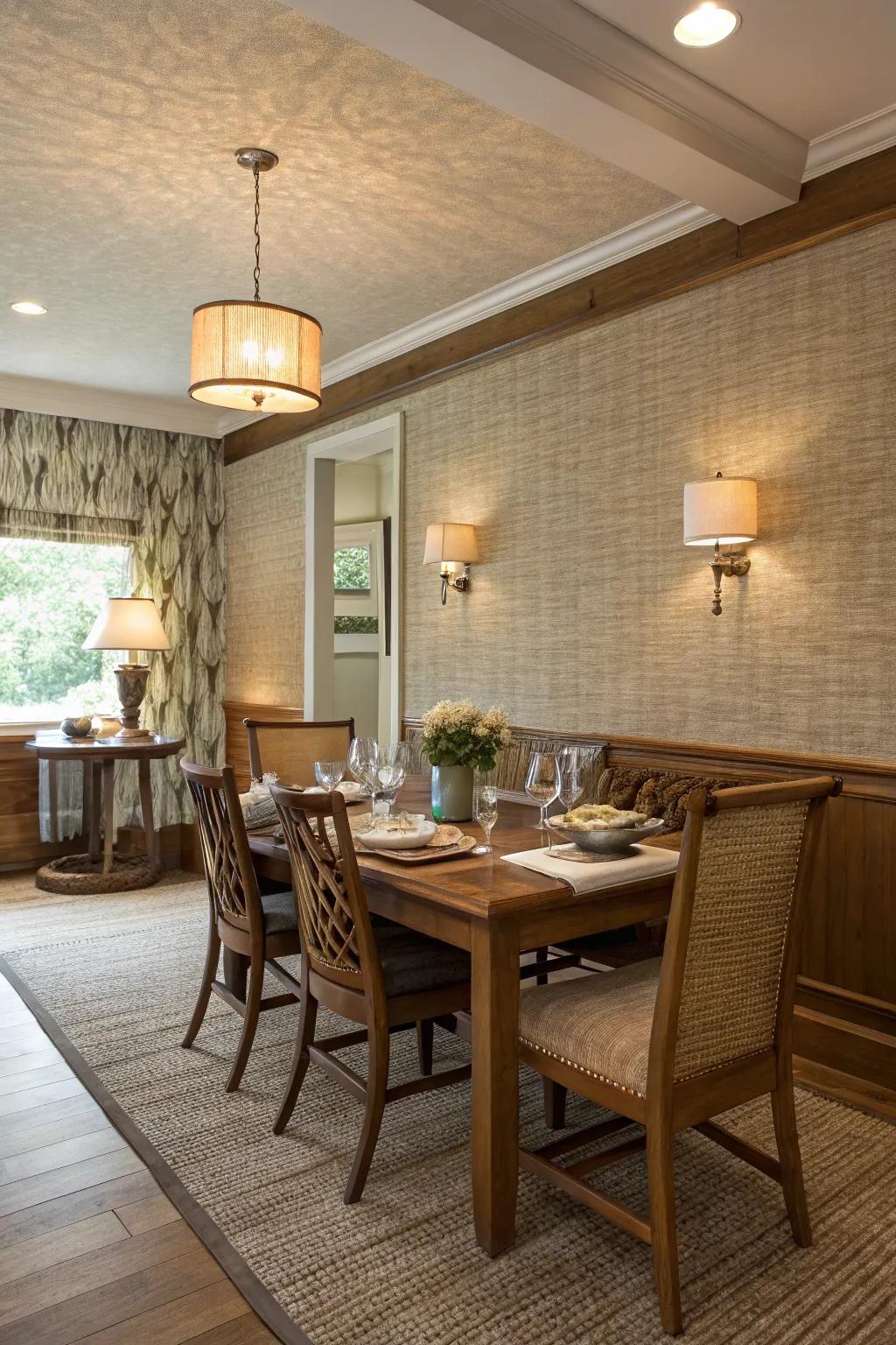 Textured wallpaper contributes depth and tactile intrigue to this dining area.