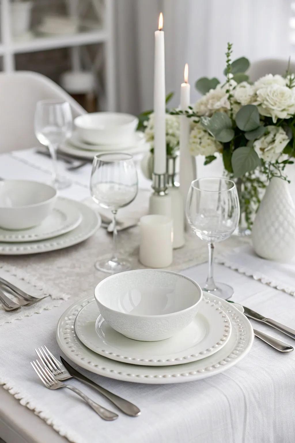 A table arrangement in a uniform color scheme cultivates a chic, modern vibe.