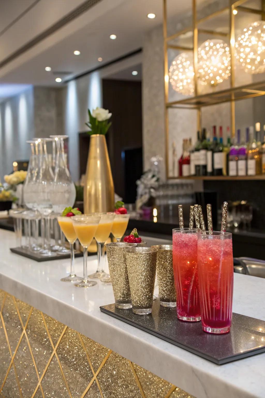 A glimmering drink display presents dazzling refreshments for party attendees.