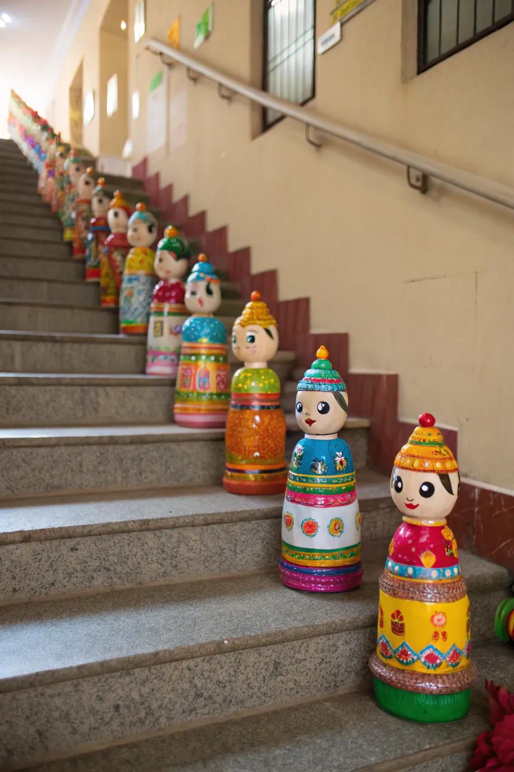 Upcycled pet bottles transmuted into exquisite Golu effigies.