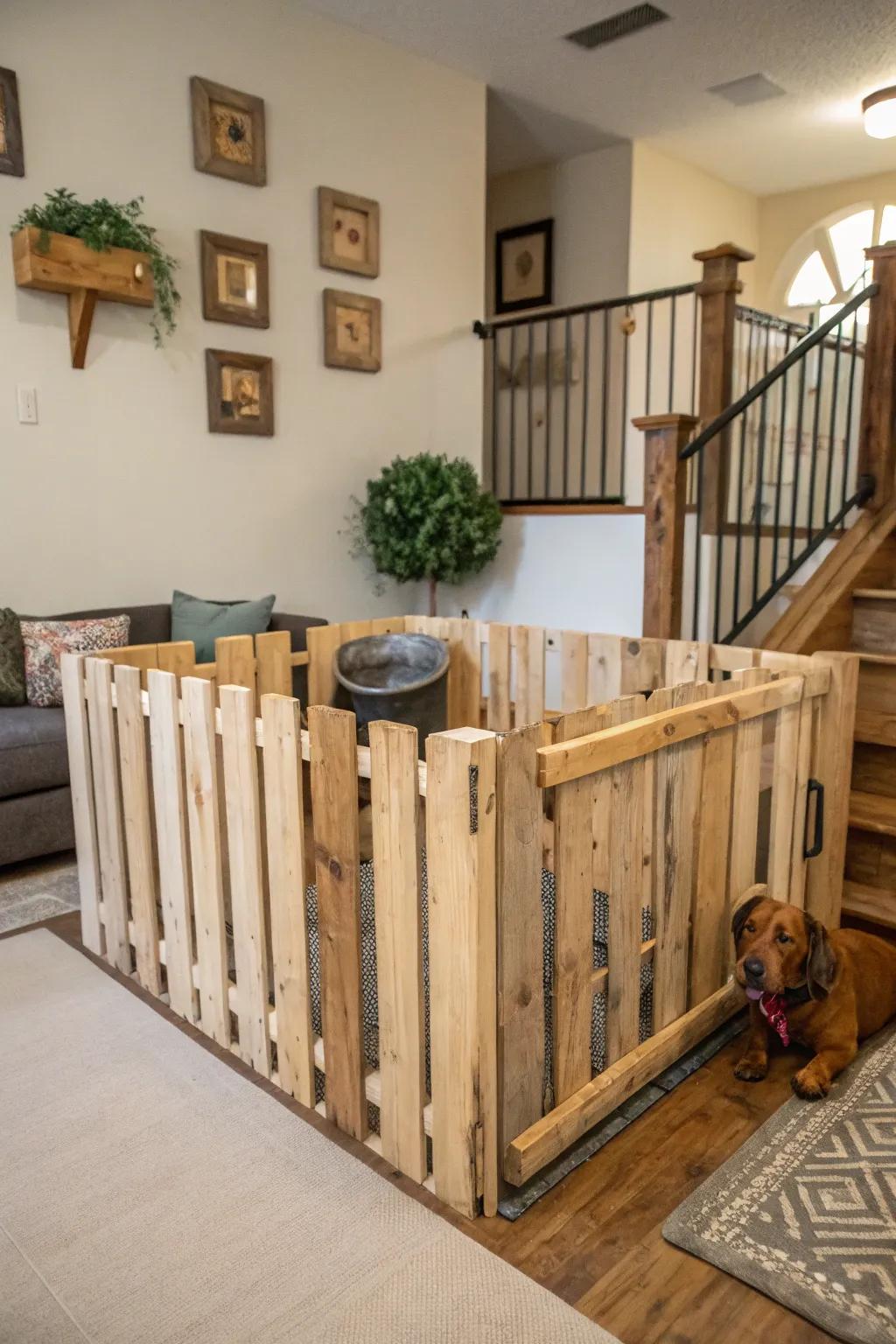 A DIY timber pallet barrier adding rustic charm to your home.