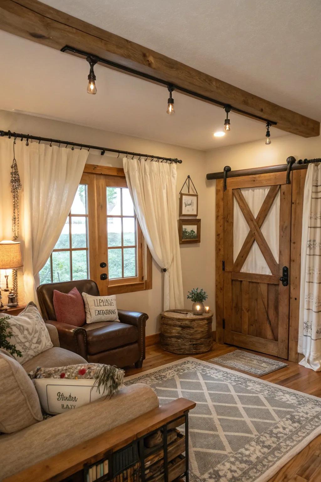 Wooden rods infuse a sense of rustic charm and cozy warmth.