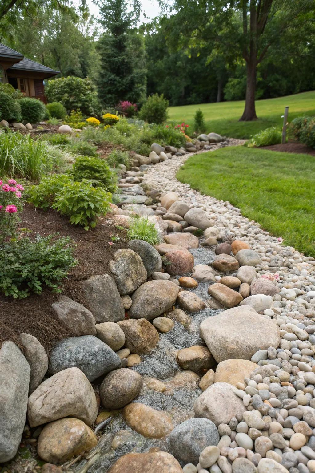 A dry creek bed conveys the charm of a stream without needing the actual water.