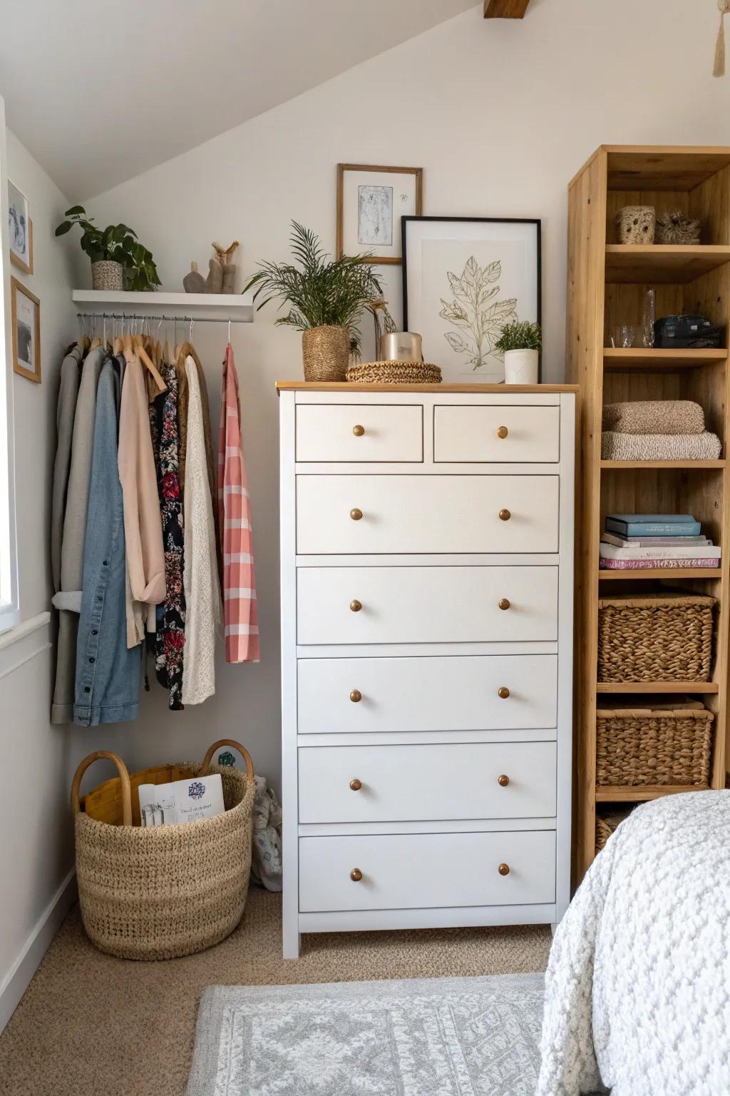 A towering, slender dresser efficiently leveraging vertical space in a modest bedroom.
