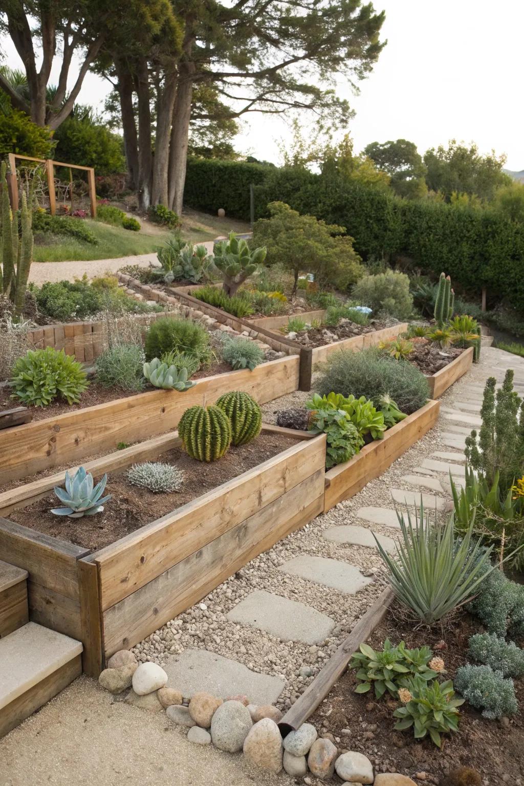Elevated beds and tiered gardens improve water management in your garden.