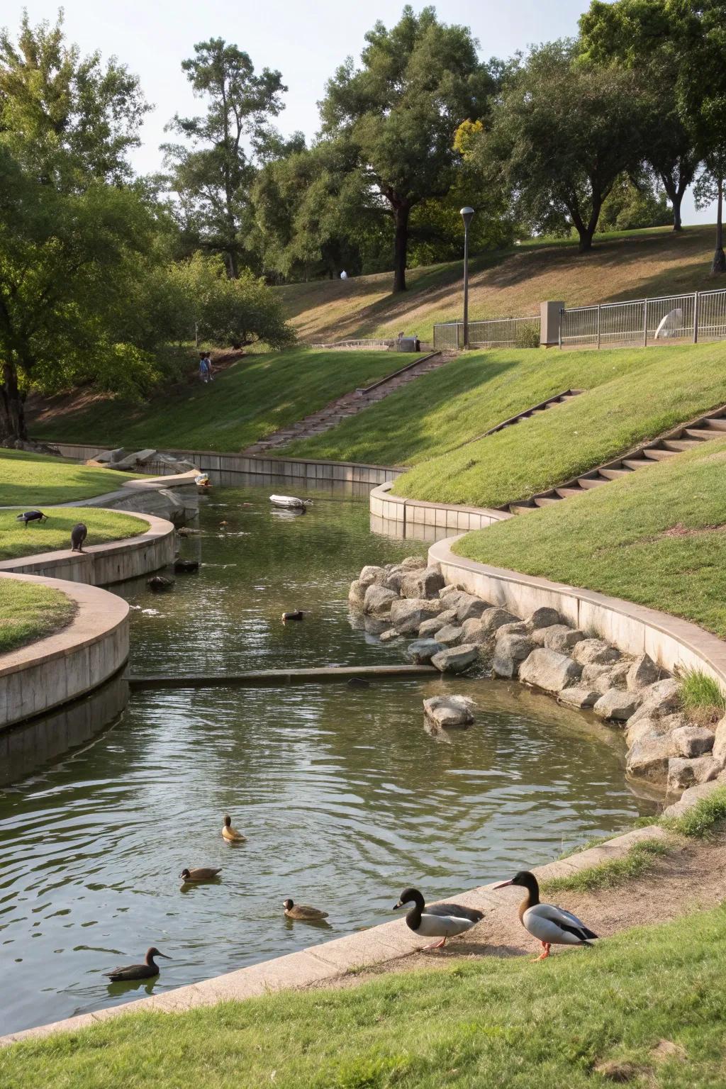 A thoughtfully designed pond presents an inviting haven for ducks.