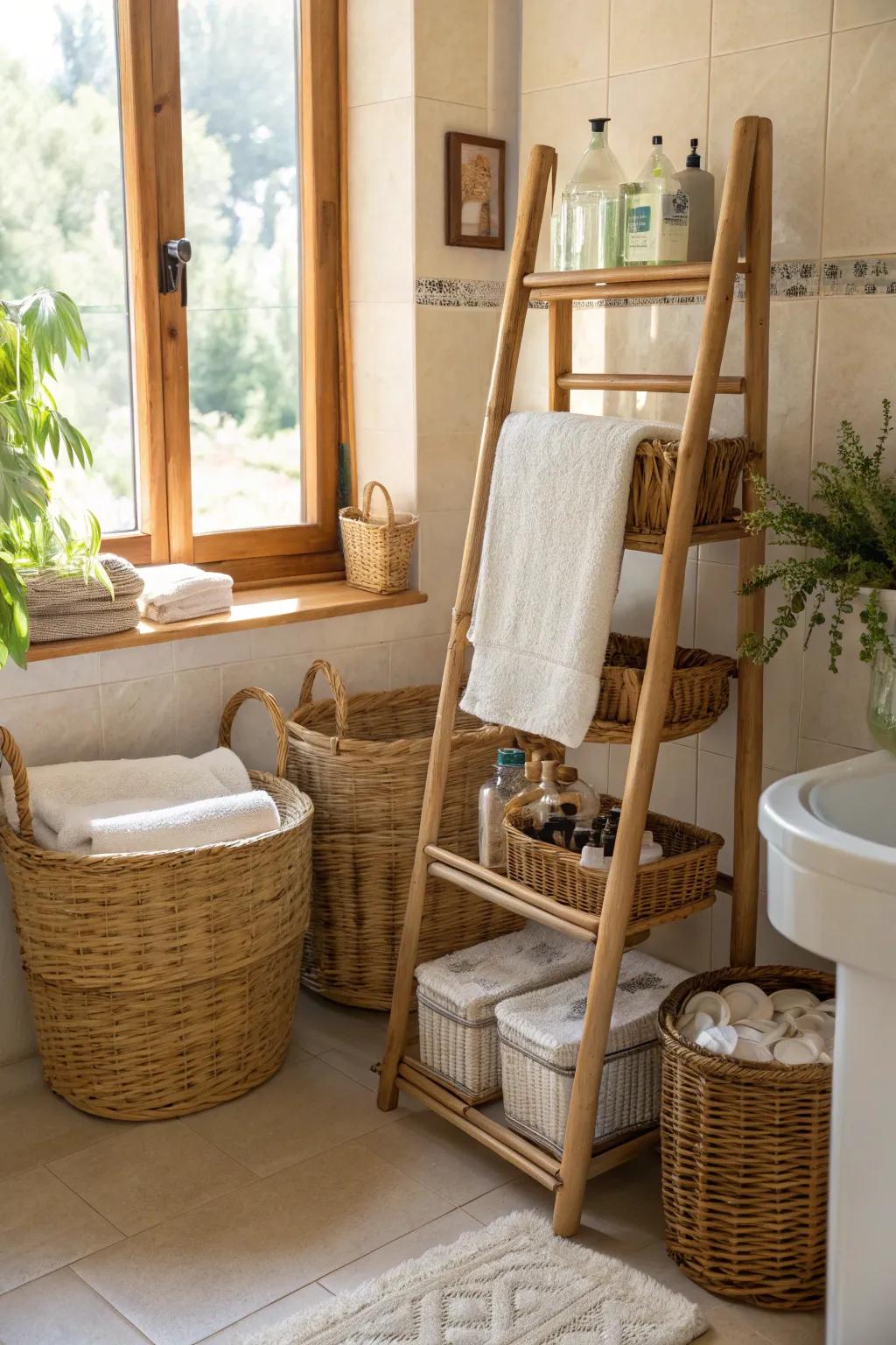 Wicker and bamboo elements add texture and warmth to the restroom.
