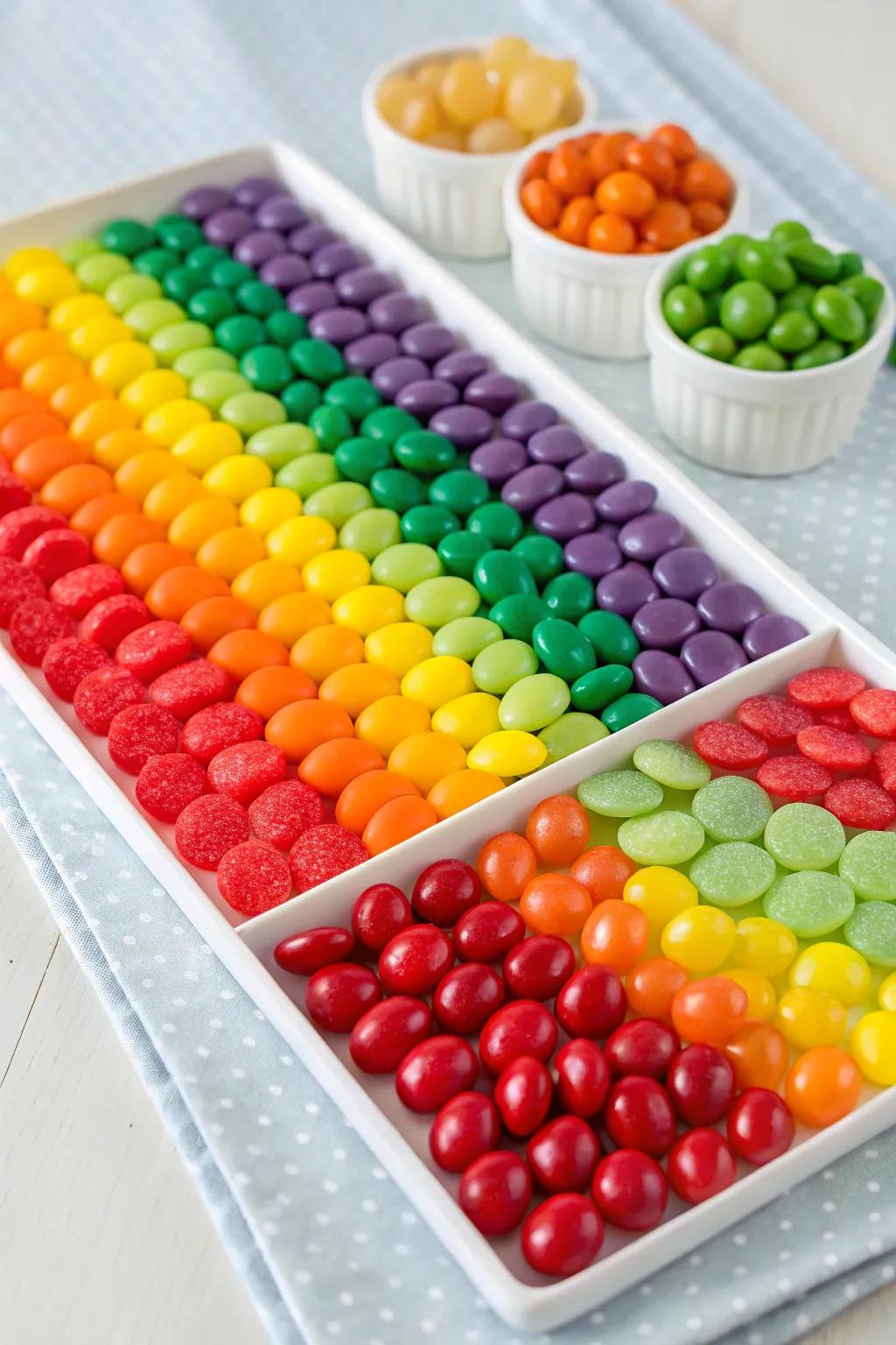 A cheerful and bright rainbow candy board ideal for Easter celebrations.