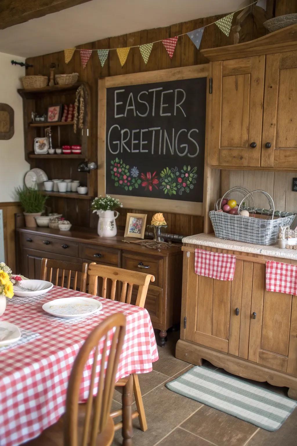 A charming chalkboard delivers a welcoming feel using Easter joy.