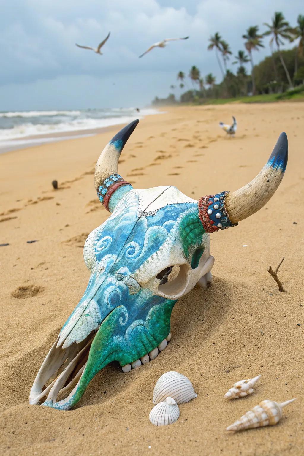 Oceanic themes transform skulls into tranquil coastal decor.