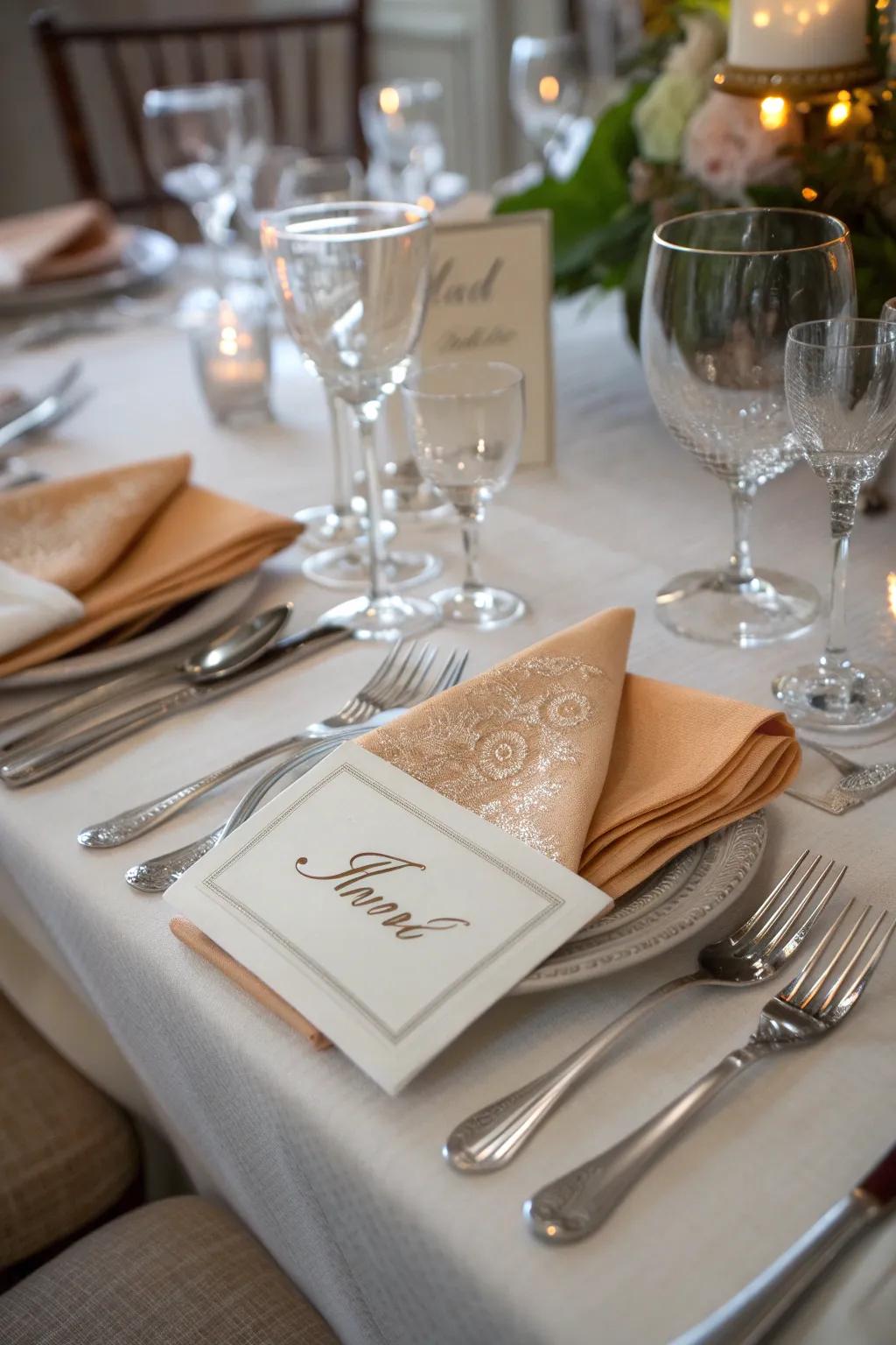 Personalized touches with monogrammed napkins and custom place cards.