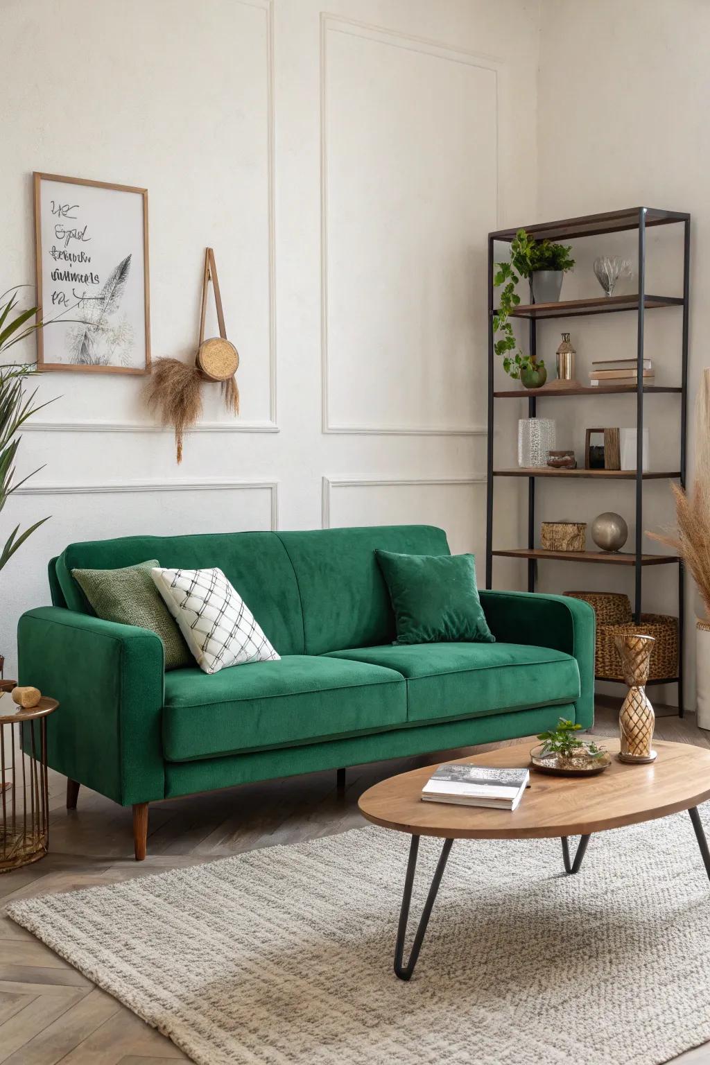 A less is more tactic allows the emerald green sofa to glow.