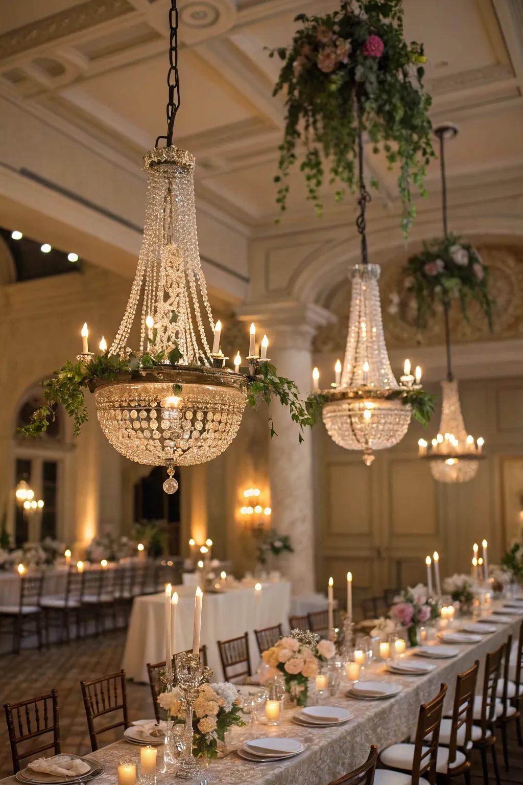Antique chandeliers infusing elegance into the party environment.