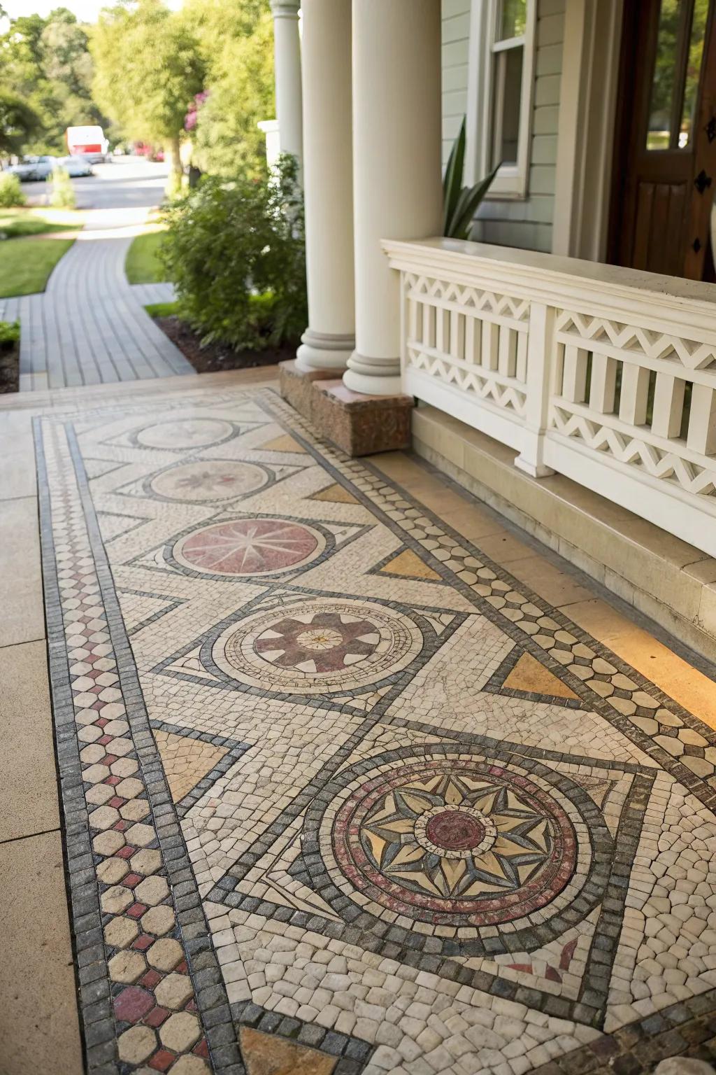 An artistic stone patchwork that appends distinctive flair to the porch floor.