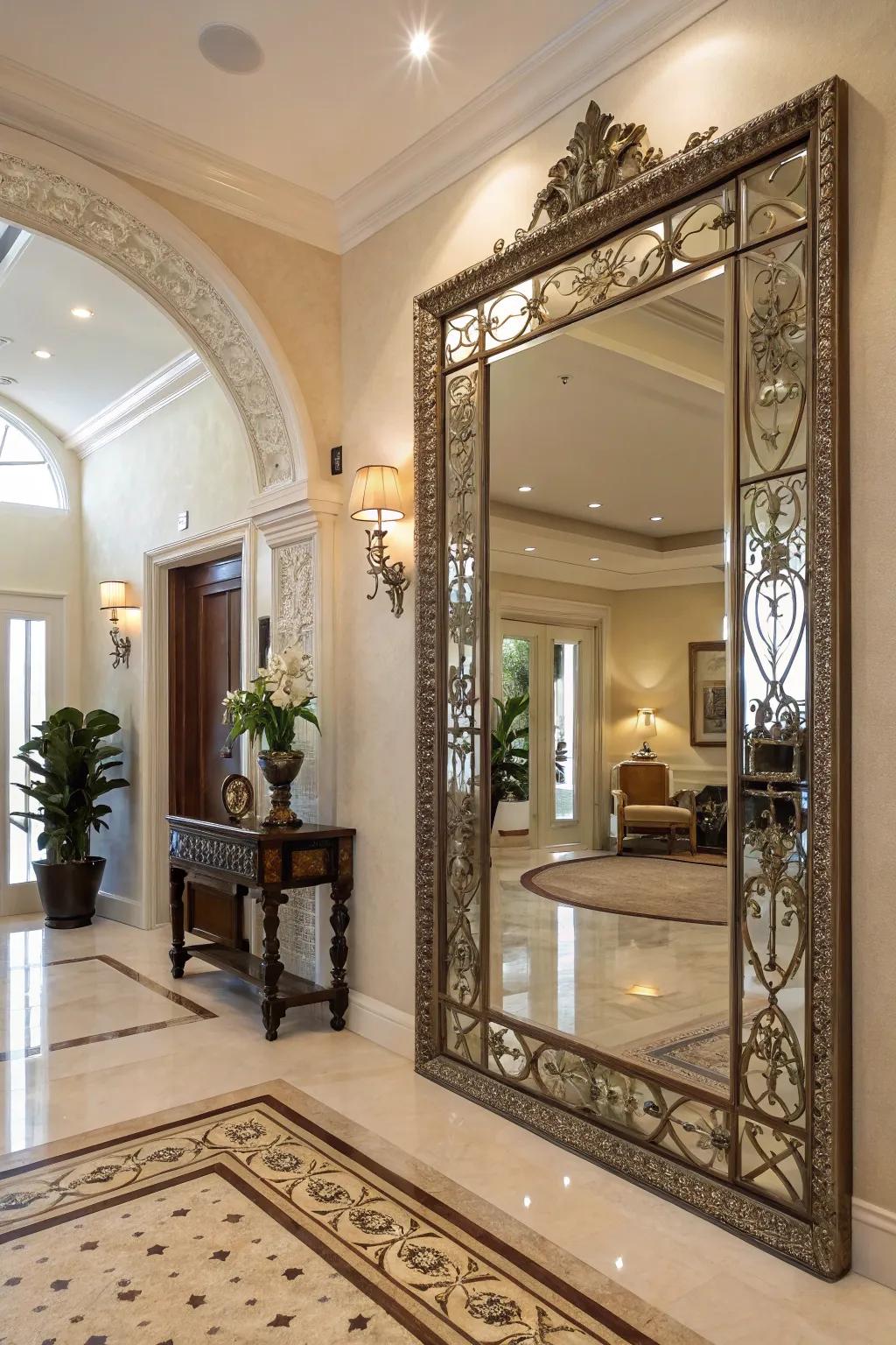A decorative surface reflects light, adding depth to this entryway.