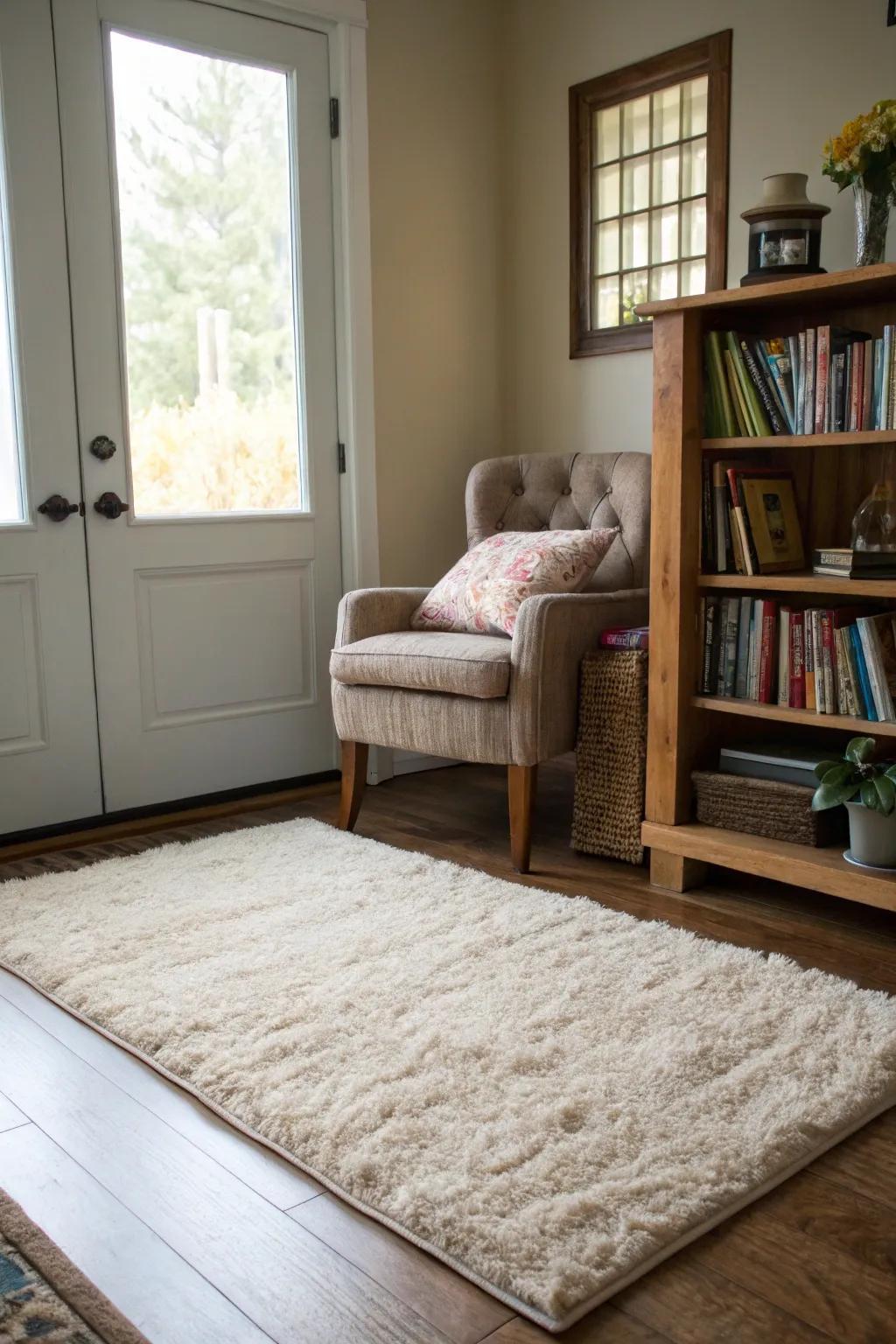 An opulent rug fashions a comfortable, welcoming alcove in your entryway.
