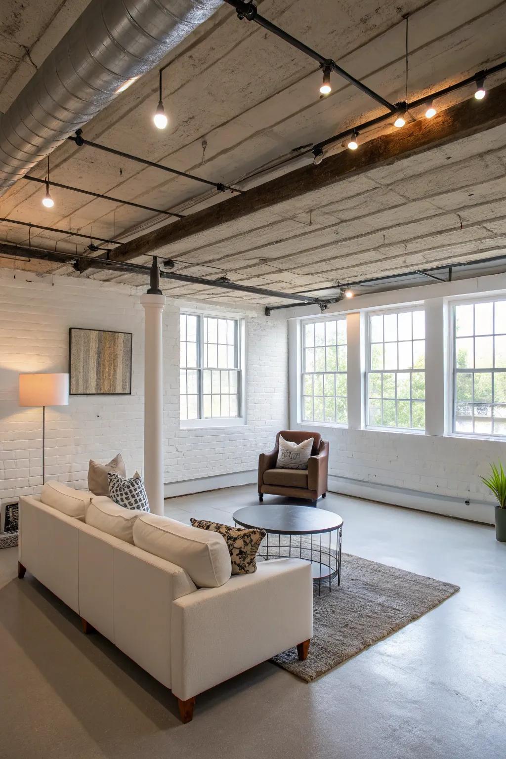 An open, roomy basement with minimal clutter.