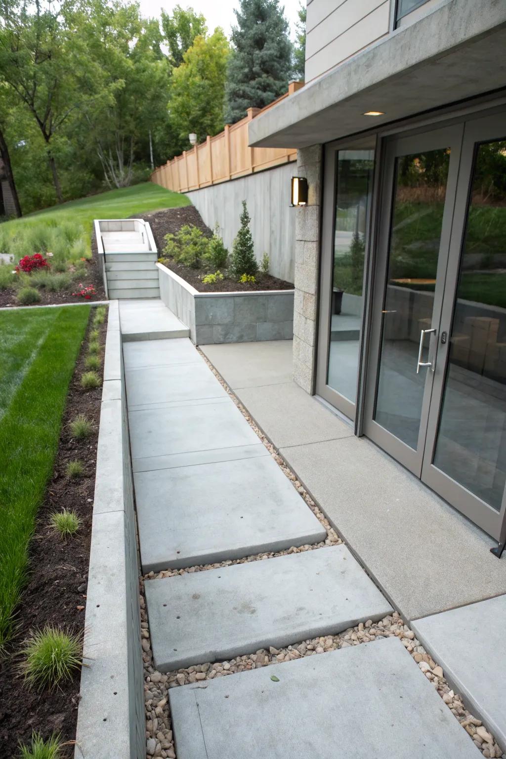 Concrete walkways offer a practical path to your basement entrance.