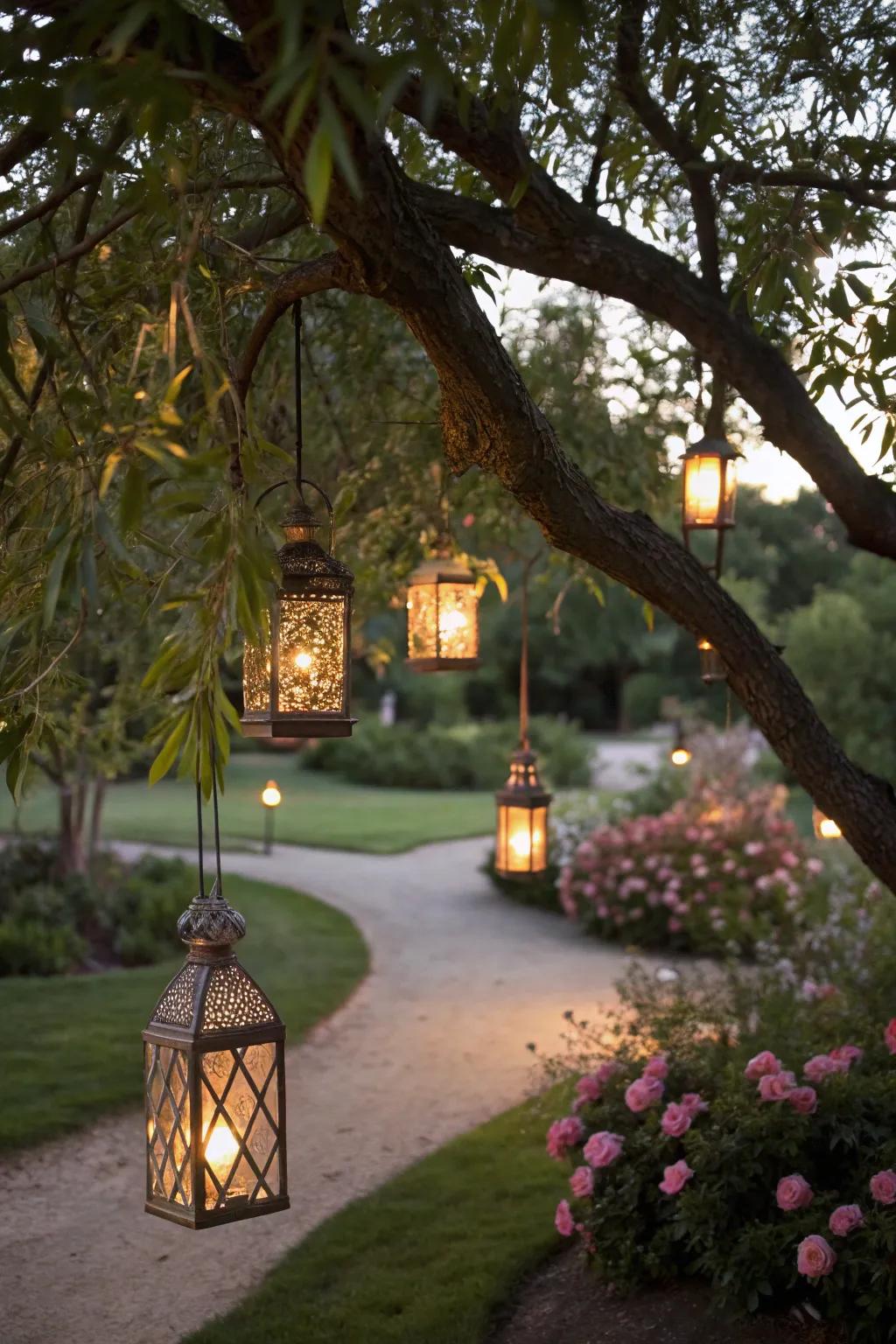 Tree lamps with twinkle lights create a magical garden feel.