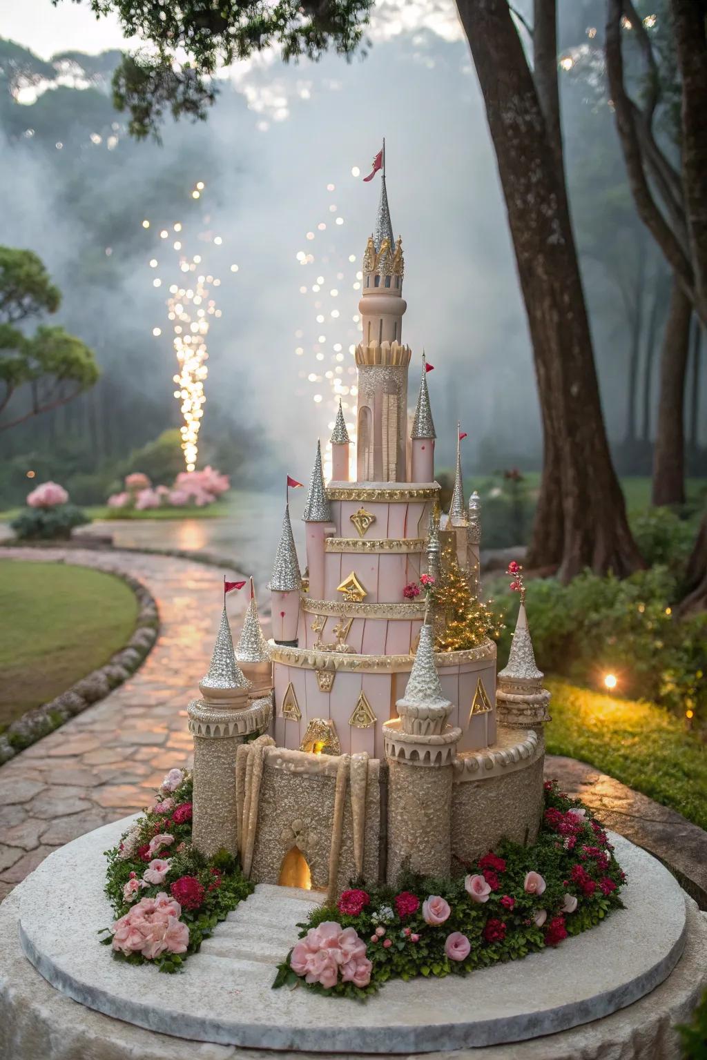 An exquisite cake shaped as a castle serving as the party's focal point.