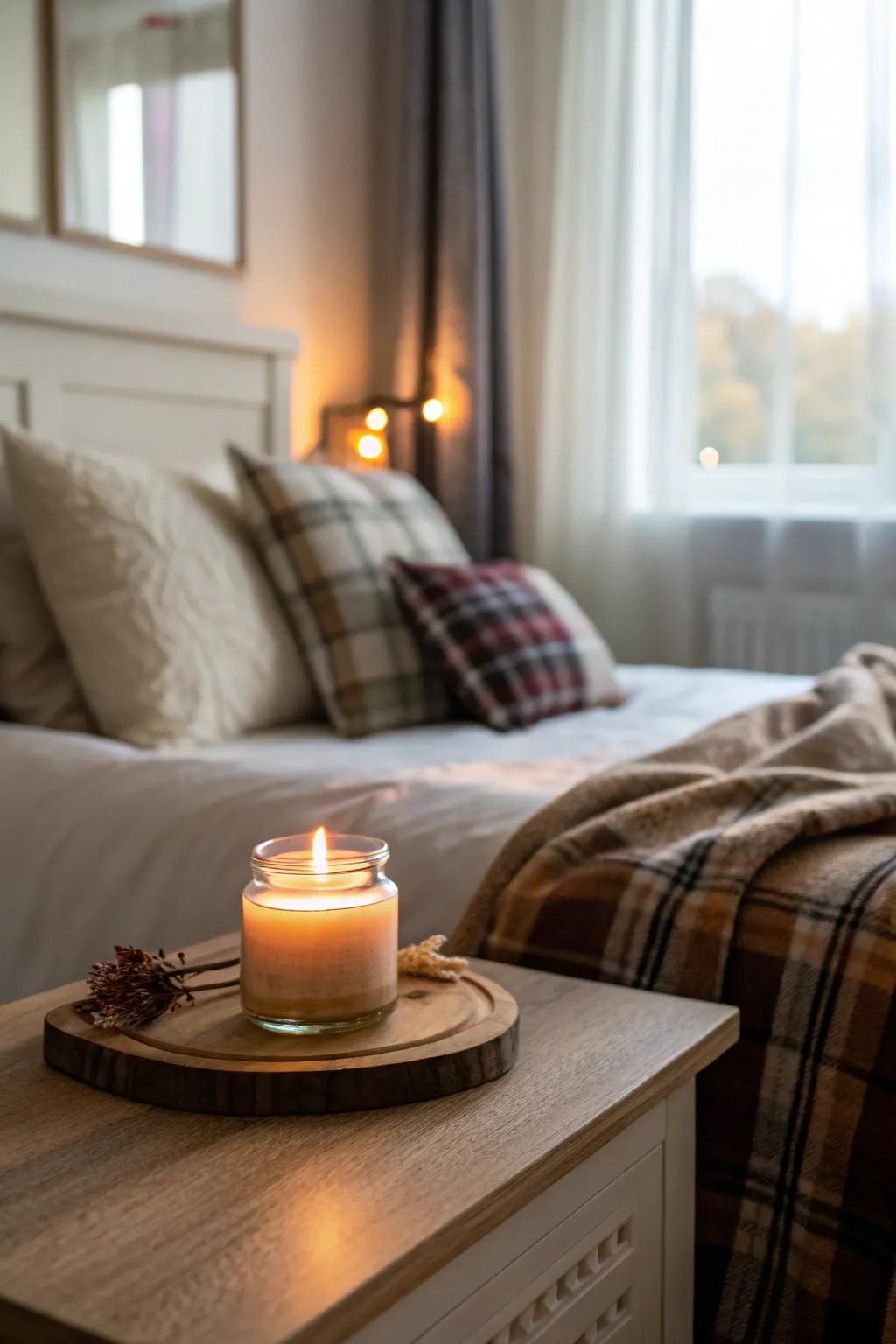 Scented candles add an inviting aroma to your fall bedroom.