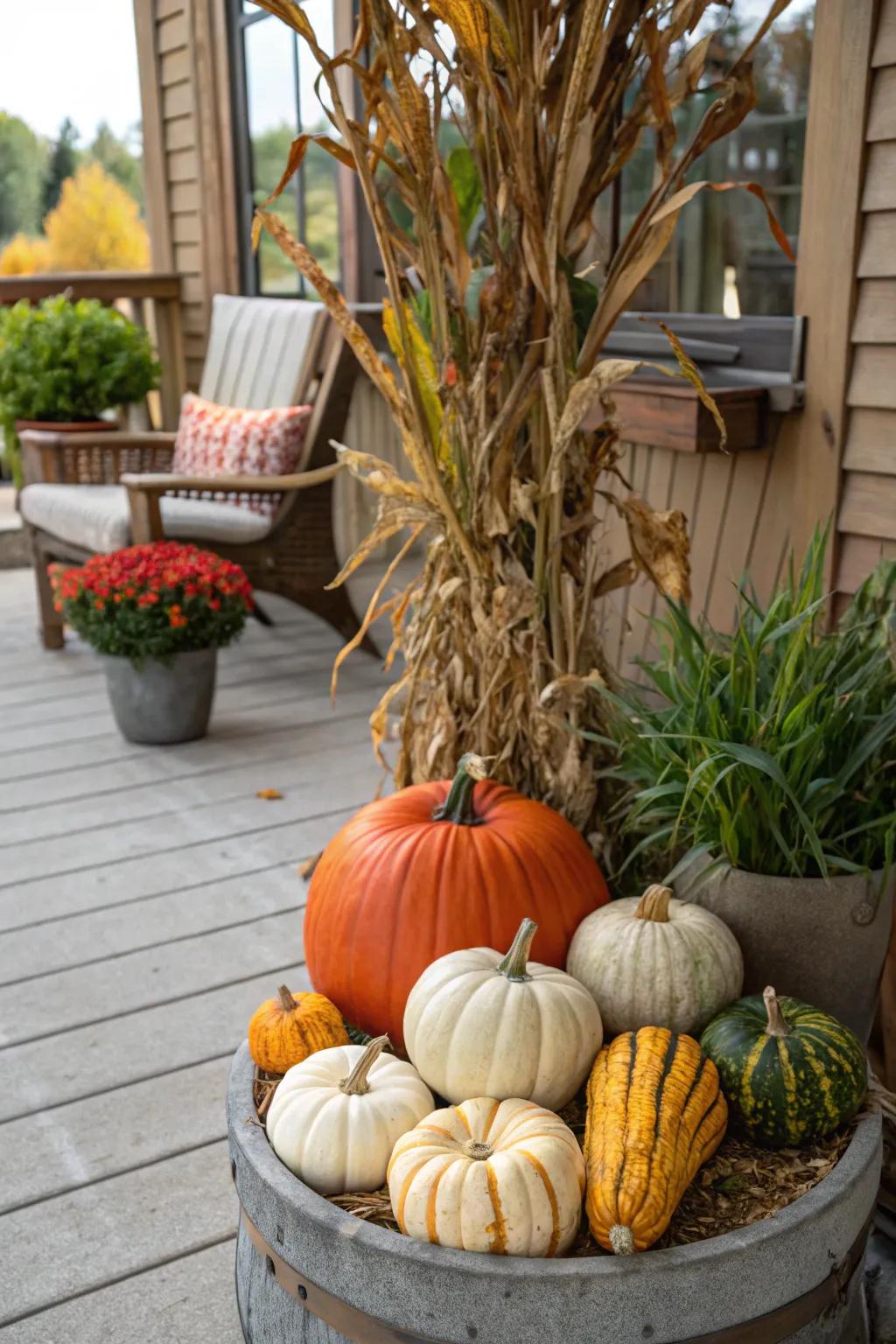 Corn stems and squashes evoke the sentiment of a miniature autumn fair.