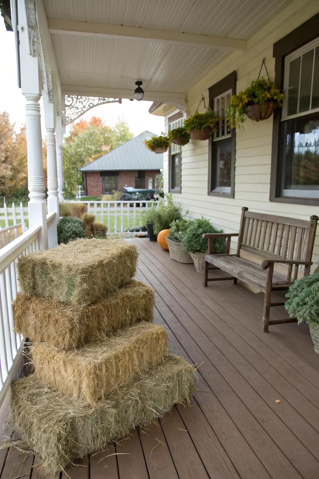 Hay bales offer rustic texture and function as tables or seating.